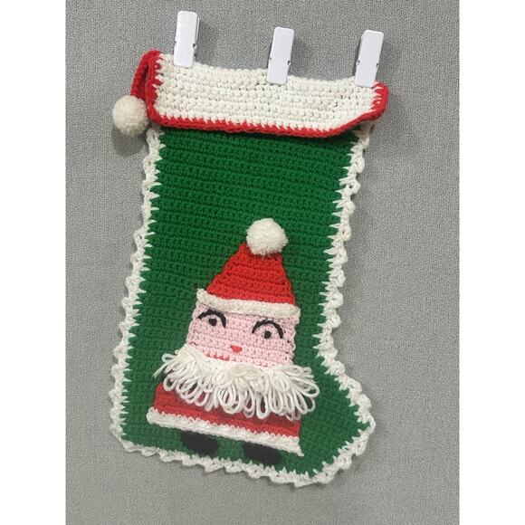 Santa Claus Christmas Stocking Handmade Crochet Granny VTG Red Green Large 17.5” - Picture 1 of 5